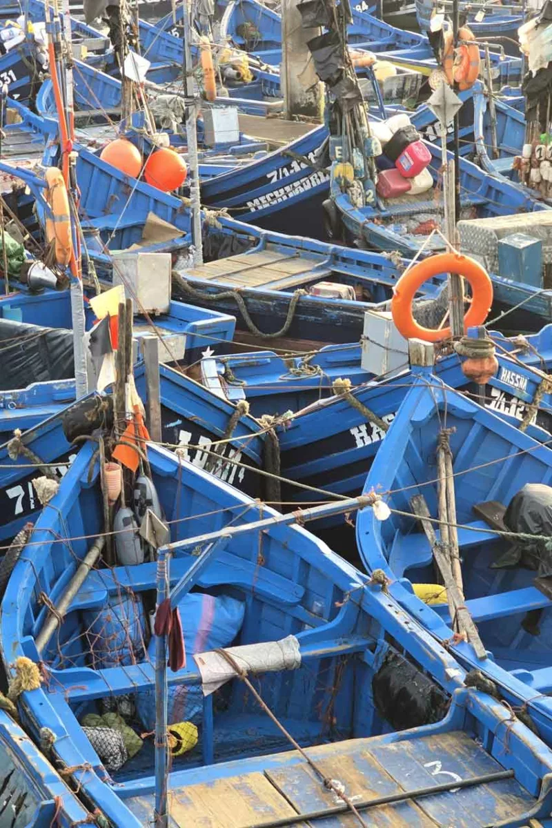 Essaouira, Skala du port, bateaux bleus